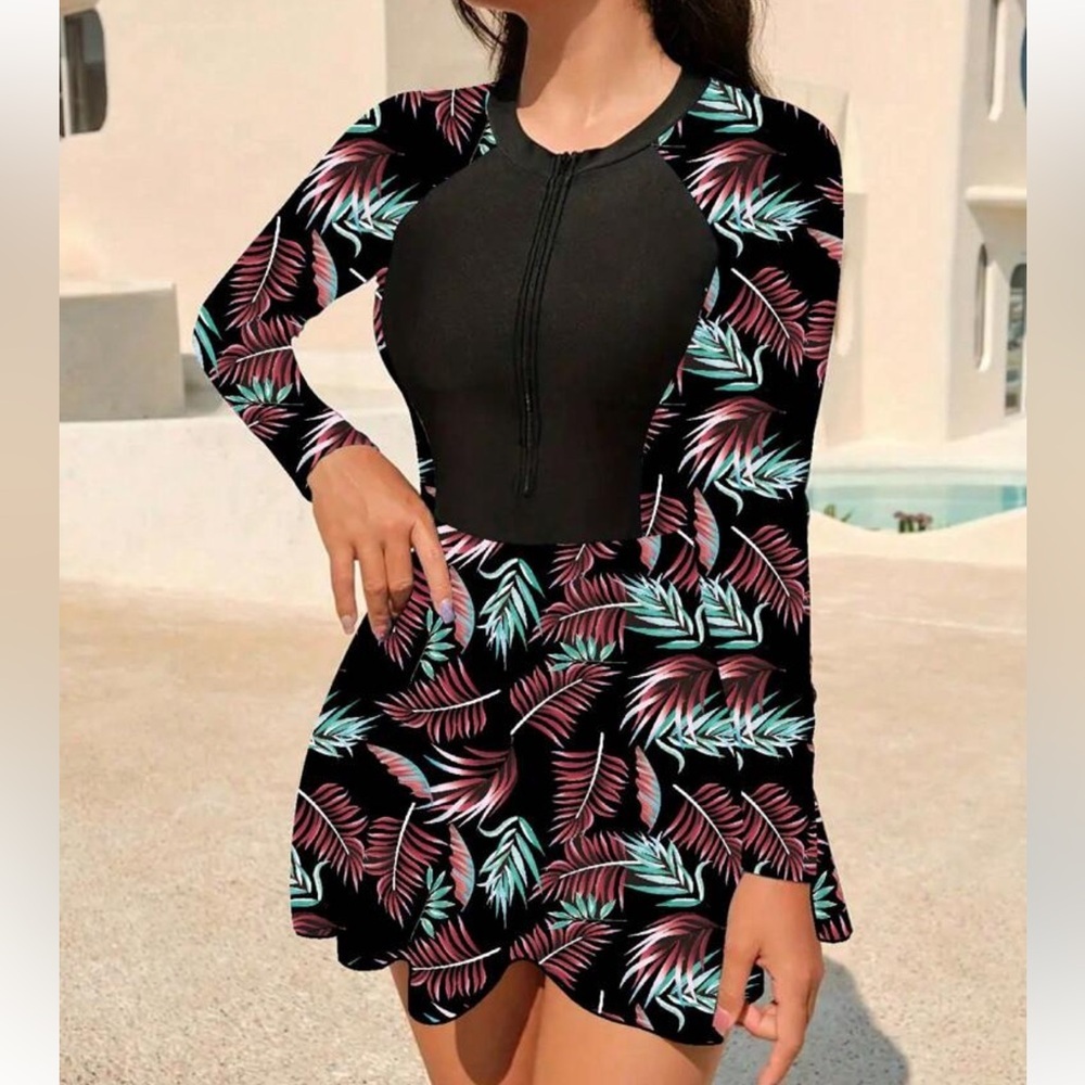 SHEIN Black and Pink One Piece Swimwear with Tropical Flair